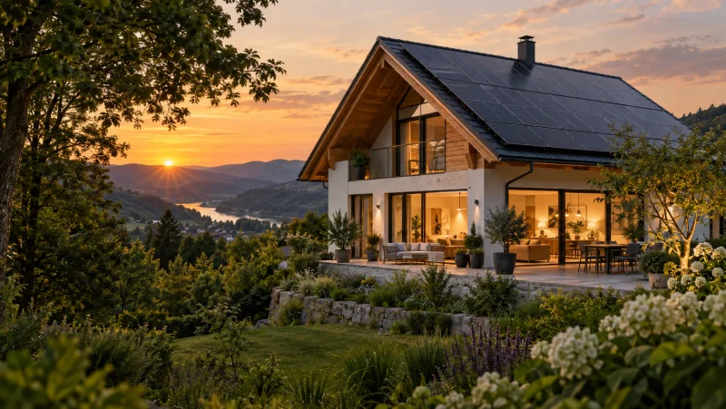 Solarhaus in einer grünen Landschaft