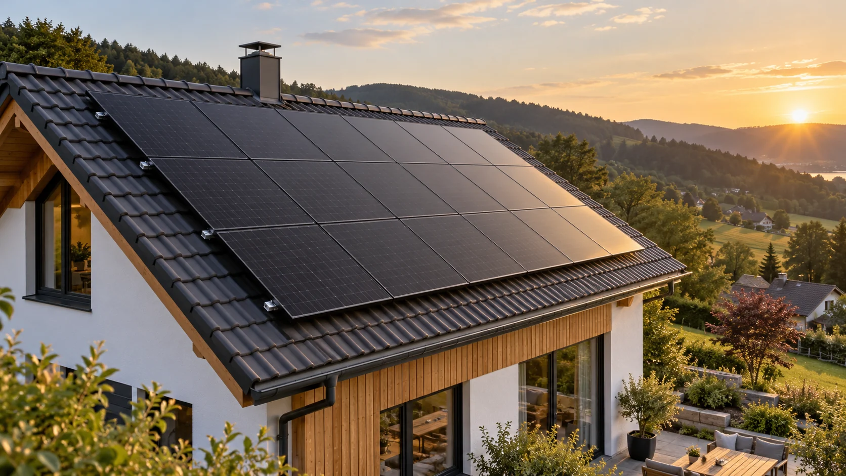 Solarhaus mit sorgfältig angeordneten Photovoltaikmodulen